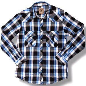 Coevals Club Plaid Pearl Snap Shirt Blue Black Western Large